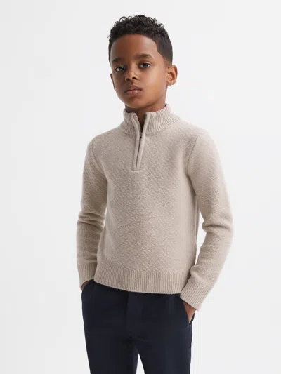 Reiss Oatmeal Melange Senior Slim Fit Knitted Half-zip Funnel Neck Jumper In Brown