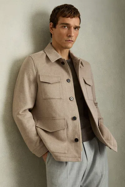 Reiss Oatmeal Melange Wool-blend Zip-through Four-pocket Jacket