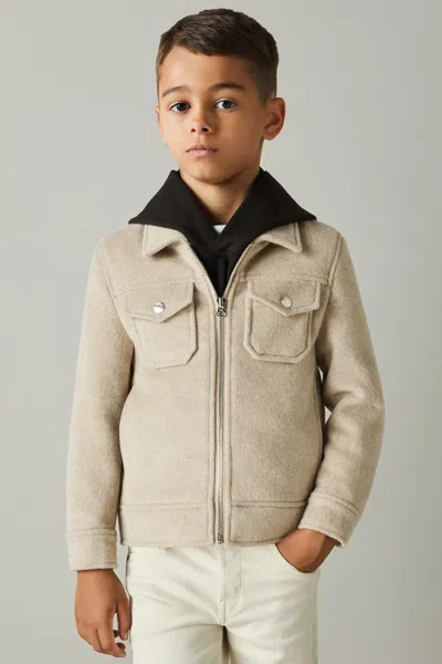 Reiss Oatmeal 9-13 Yrs Wool-blend Melton Trucker Jacket