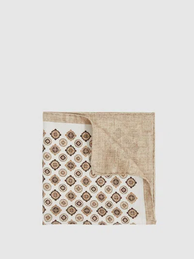 Reiss Oatmeal Silk Medallion-print Pocket Square In Brown
