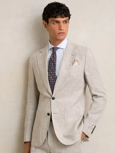 Reiss Oatmeal Slim Fit Linen Single Breasted Check Suit Blazer In Neutral