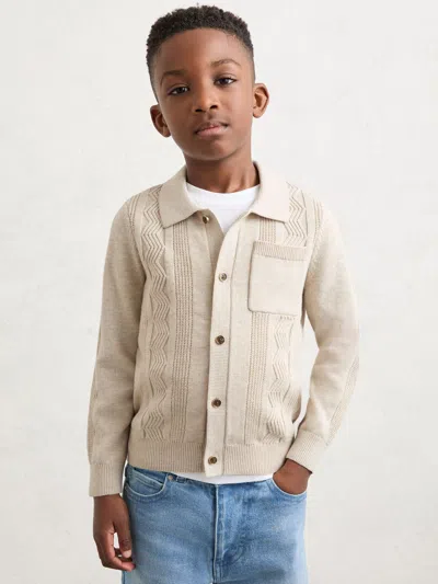Reiss Kids'  Oatmeal Tumnus 9-13 Yrs Stitch-detail Polo-collar Cardigan Cotton-blend In Neutral