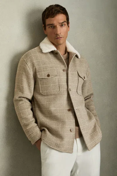 Reiss Oatmeal Wool-blend Borg-collar Check Overshirt