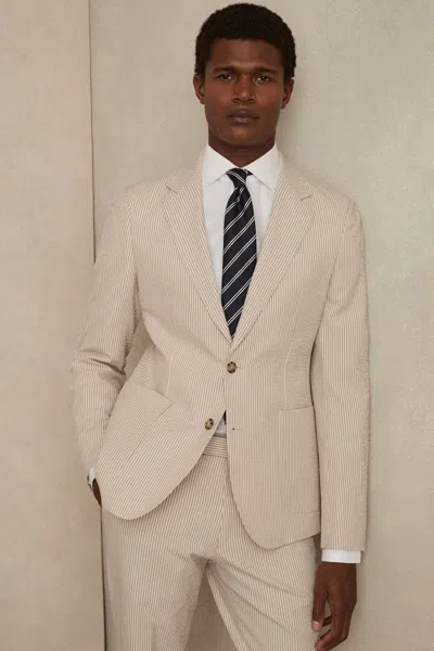 REISS OATMEAL/WHITE SEERSUCKER SINGLE-BREASTED SUIT BLAZER SLIM-FIT
