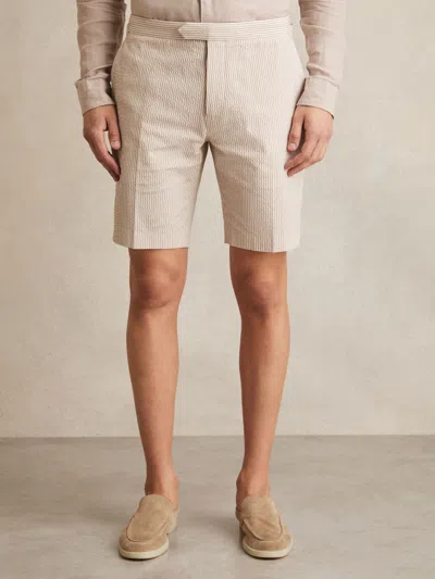 REISS OATMEAL/WHITE SEERSUCKER STRIPE TAILORED SHORTS