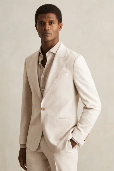REISS OATMEAL/WHITE SLIM FIT SINGLE BREASTED PINSTRIPE SUIT BLAZER