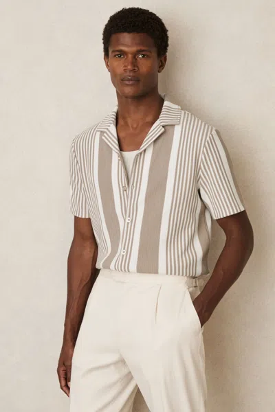 Reiss Oatmeal/white Stripe Ribbed Cuban Collar Shirt