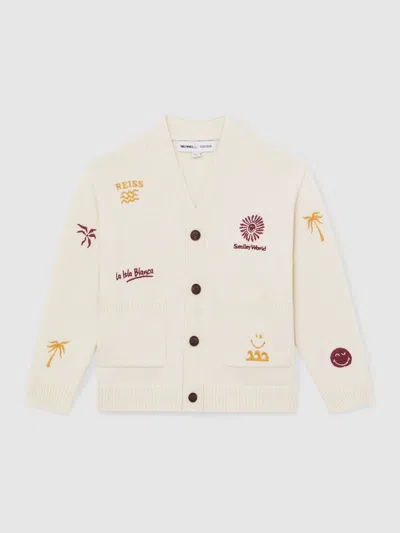 Reiss Kids' Off White 13-14 Yrs Smileyworld | Embroidery Cardigan Unisex Fit In Neutral