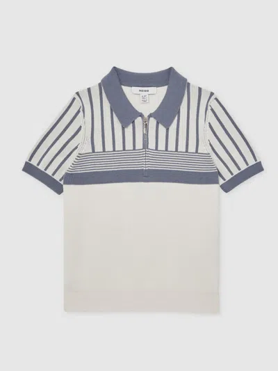 Reiss Kids' Off White/ Airforce Blue Cotton Stripe Knit Half-zip Polo Shirt In Gray