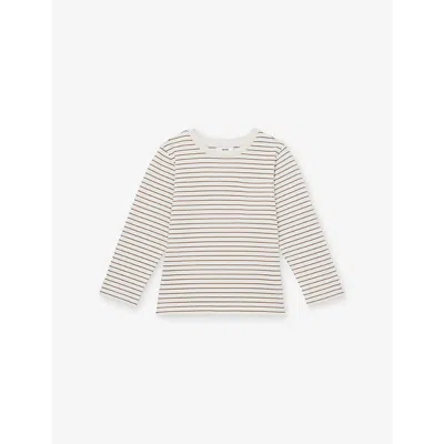 Reiss Kids' Off White Camel Kenny Striped Long-sleeve Stretch-cotton T-shirt 9-13