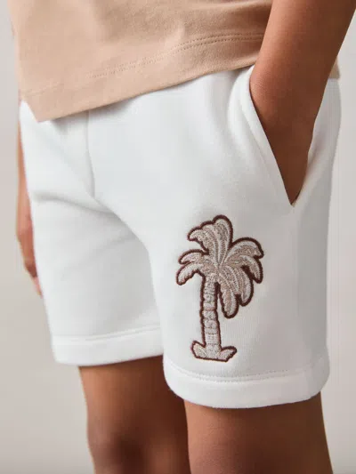 Reiss Off White Cotton Blend Palm Embroidered Shorts
