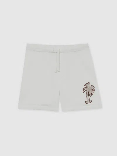 Reiss Off White Cotton Blend Palm Embroidered Shorts