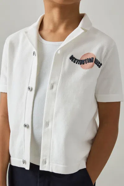 Reiss Off White Cotton Destination Embroidery Knit Shirt