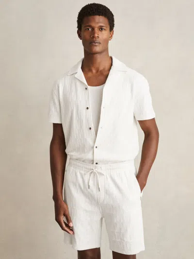 Reiss Off White Cotton Textured Cuban Collar Shirt