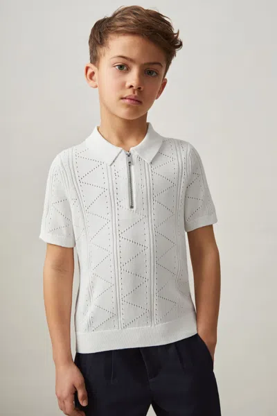Reiss Off White Spey 9-13 Yrs Half-zip Pointelle Polo Shirt