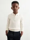 Reiss Off White 9-13 Yrs Wool Waffle-knit Half-zip Polo Shirt In White