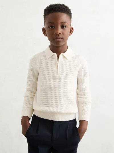 REISS REISS OFF WHITE HAMILTON 3-9 YRS WOOL WAFFLE-KNIT HALF-ZIP POLO SHIRT