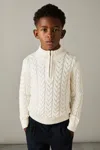 Reiss Off White Junior Cabled Knitted Zip Neck Jumper With Cotton And Wool