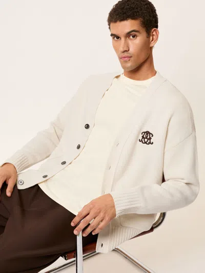Reiss Off White Monogram Embroidered Wool Cardigan In Neutral