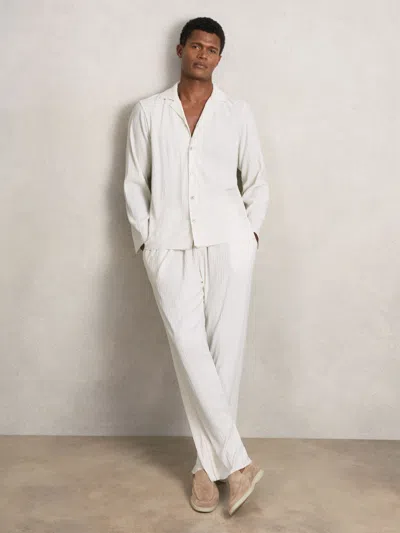 Reiss Off White Plissé Cuban-collar Long-sleeve Shirt