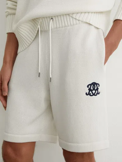 Reiss Off White Riley Monogram-embroidered Relaxed Knit Shorts