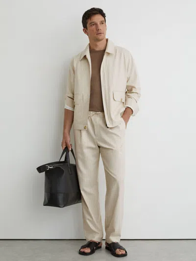 Reiss Off White Slayman Pinstripe Tapered Drawstring Trousers With Linen
