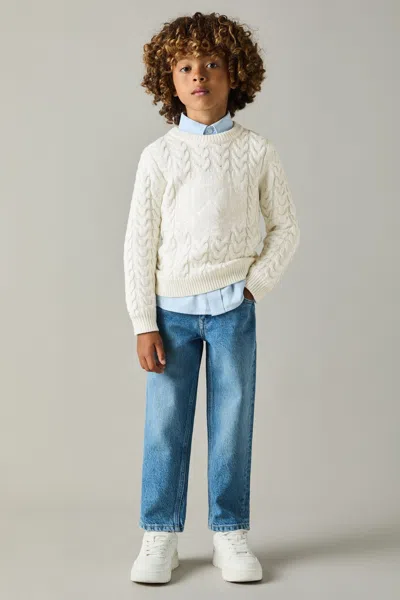 Reiss Off White Victor Logo-embroidered Cabled Jumper With Cotton And Wool