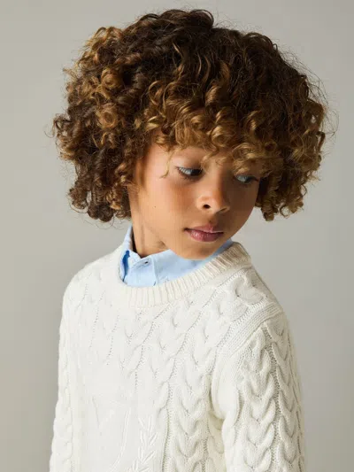 Reiss Off White 9-13 Yrs Logo-embroidered Cabled Jumper With Cotton And Wool