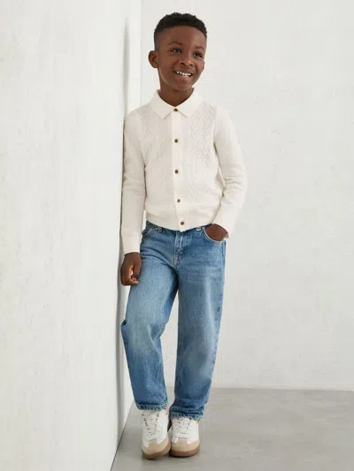 Reiss Kids' Off White Wool V-stitch Button Through Cardigan