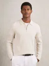 Reiss Hamilton Long Sleeved Half Zip Square Textured Wool Polo Shirt In White