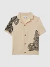Reiss Off White/black 9-13 Yrs Jersey Embroidered Cuban Collar Shirt In Multi