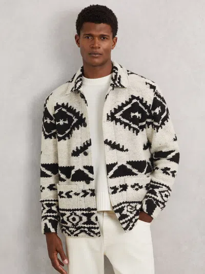 Reiss Off White/black Fair Isle Jacquard Overshirt With Wool In Multi