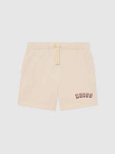 Reiss Kids'  Off White/brick Swinley Cotton Logo Drawstring Shorts In Neutral