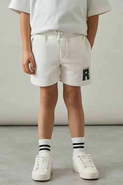 Reiss Off White/forest Green Jersey Drawstring R Print Shorts In Off White/forest Green
