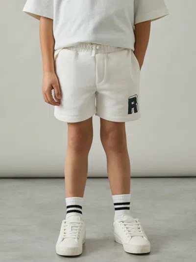 Reiss Off White/forest Green 9-13 Yrs Jersey Drawstring R Print Shorts