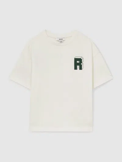 Reiss Kids'  Off White/green Manny 13-14 Yrs Cotton Block-logo Oversized T-shirt In Neutral