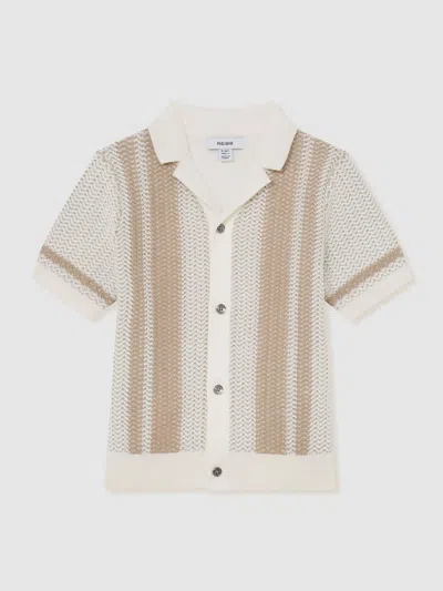 Reiss Off White/light Camel 9-13 Yrs Cotton Textured-knit Striped Shirt In Multi