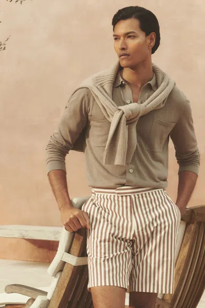 Reiss Off White/mocha Cotton Blend Seersucker Stripe Shorts
