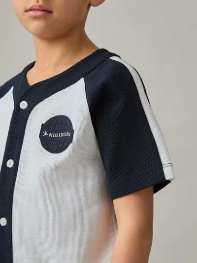 Reiss Off White/navy Nori 9-13 Yrs Cotton Waffle-knit Badge Shirt