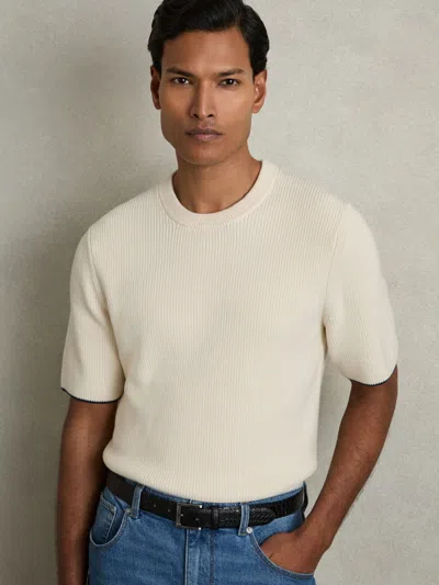 Reiss Off White/navy Rib Knit Tipped T-shirt In Neutral