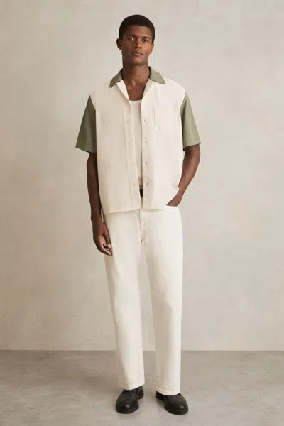 Reiss Off White/sage Colour-block Cuban-collar Shirt