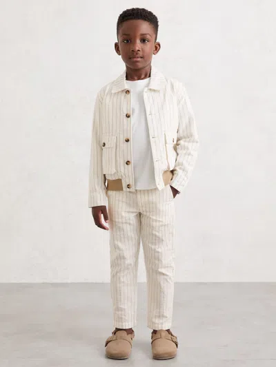 Reiss Off White/taupe Brown Cotton Pinstripe Harrington Jacket In Neutral