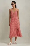 Reiss Olivia - Red Petite Printed Belted Midi Dress, Us 10