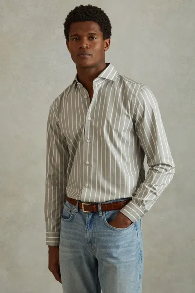 Reiss Omar - Sage/white Cotton Striped Cutaway Collar Shirt, Xl