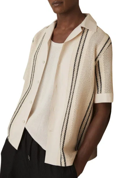 Reiss Mens Off White Navy Opal Striped Cotton-blend Shirt In Neutral