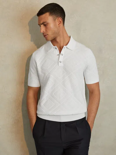 REISS OPTIC WHITE COTTON TEXTURED PRESS-STUD POLO SHIRT