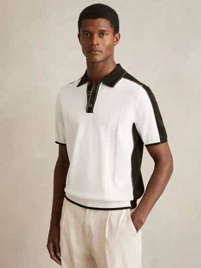 Reiss Optic White/green Colour-block Knit Polo Shirt In Black