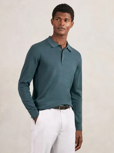 Reiss Trafford Long Sleeved Half Button Merino Wool Polo In Blue