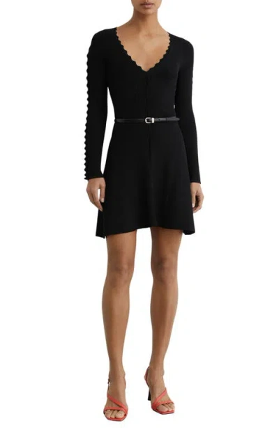 Reiss Orla Long Sleeve Belted Rib Minidress In Black
