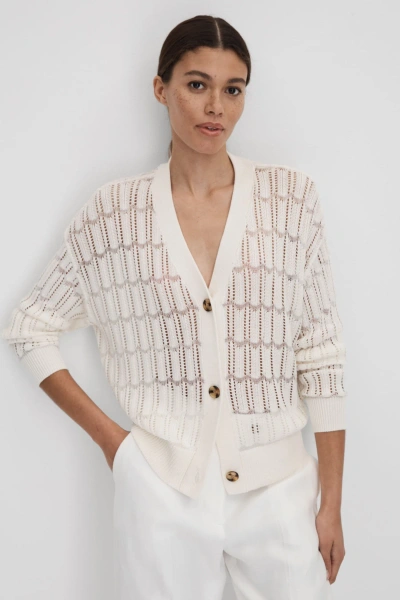 Reiss Ottie Crocheted Cardigan Sweater In White